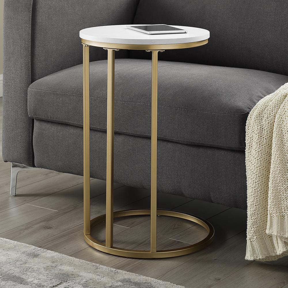 16" Modern Round Faux Marble C Table - Gold. Picture 2