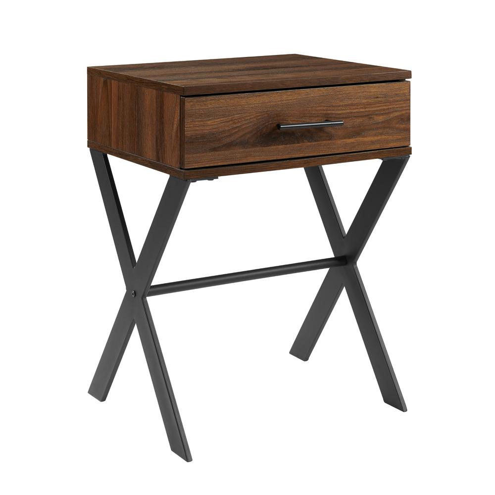 Brin 18" X Leg 1 Drawer Metal and Wood Side Table - Dark Walnut. Picture 1