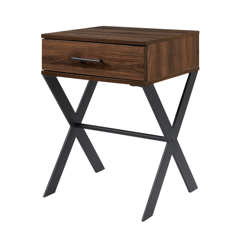 Brin 18" X Leg 1 Drawer Metal and Wood Side Table - Dark Walnut. Picture 3