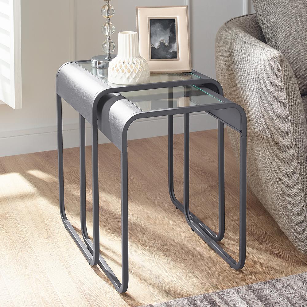Glass and Metal Nesting Tables - Gunmetal. Picture 5