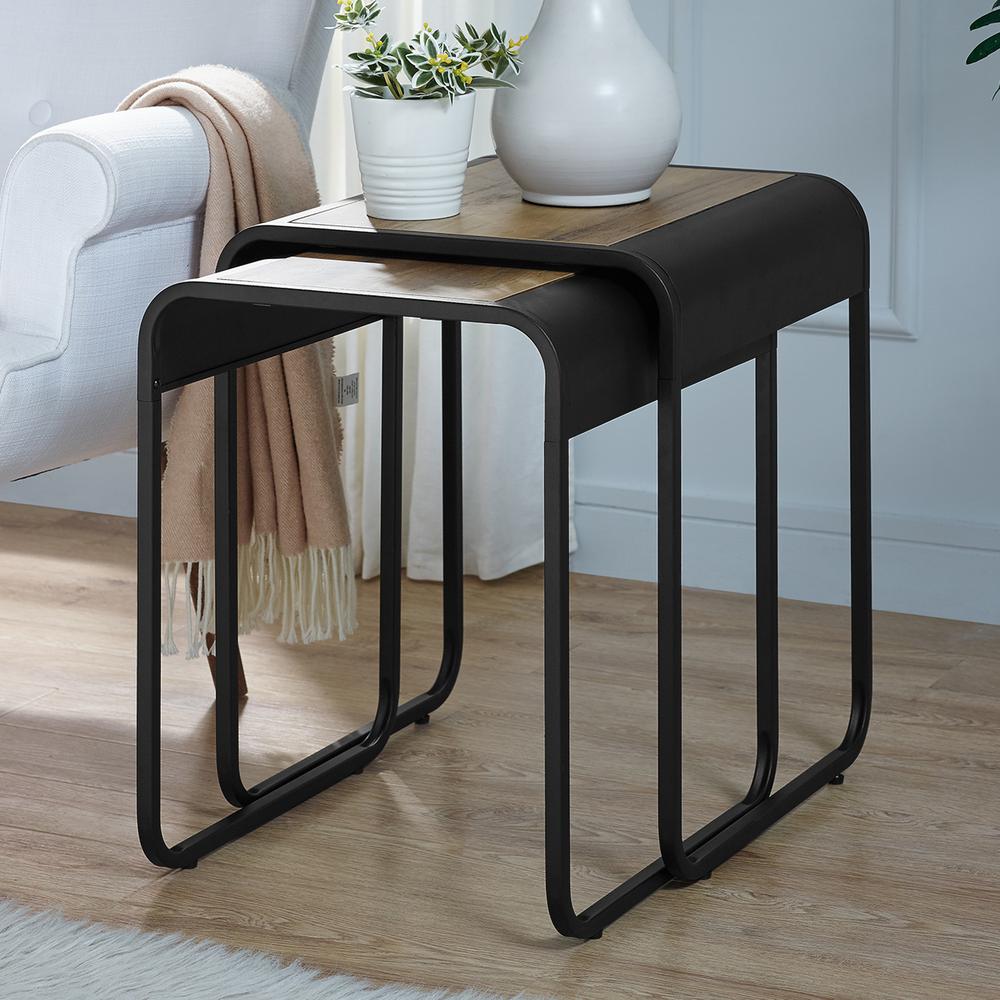 Wood and Metal Nesting Tables - Rustic Oak / Black. Picture 5