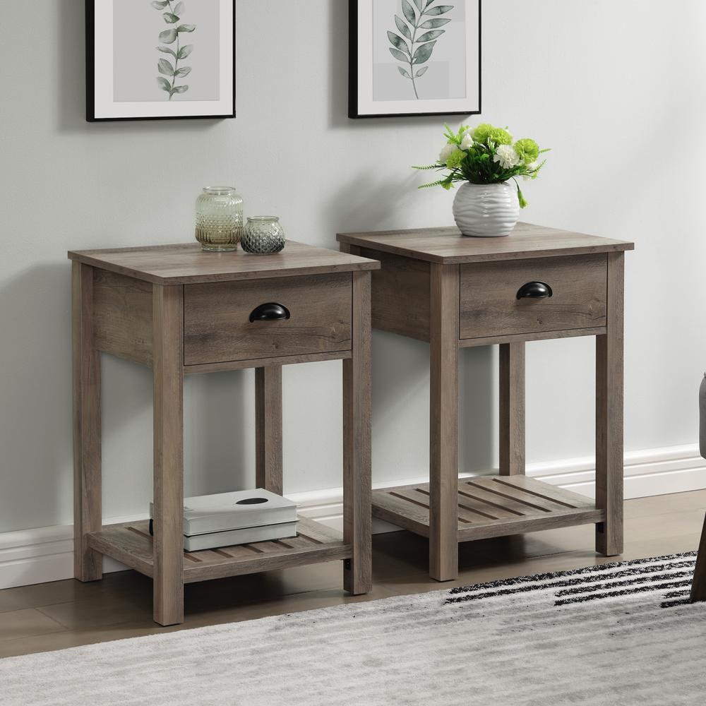 Country Farmhouse Single Drawer Side Table Set - Grey Wash. Picture 2