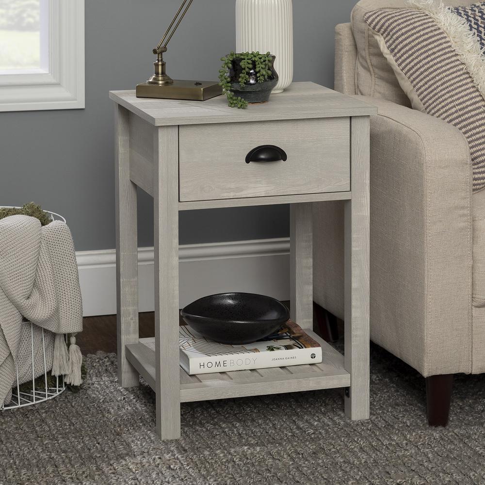 Country Farmhouse Single Drawer Side Table Set - Stone Grey. Picture 1