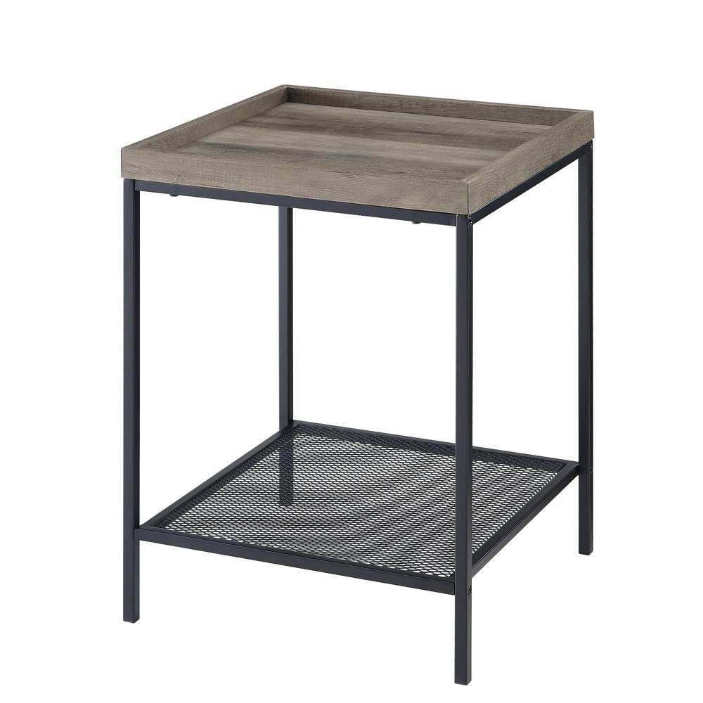 18” Square Tray Side Table with Mesh Metal Shelf - Grey Wash. Picture 4
