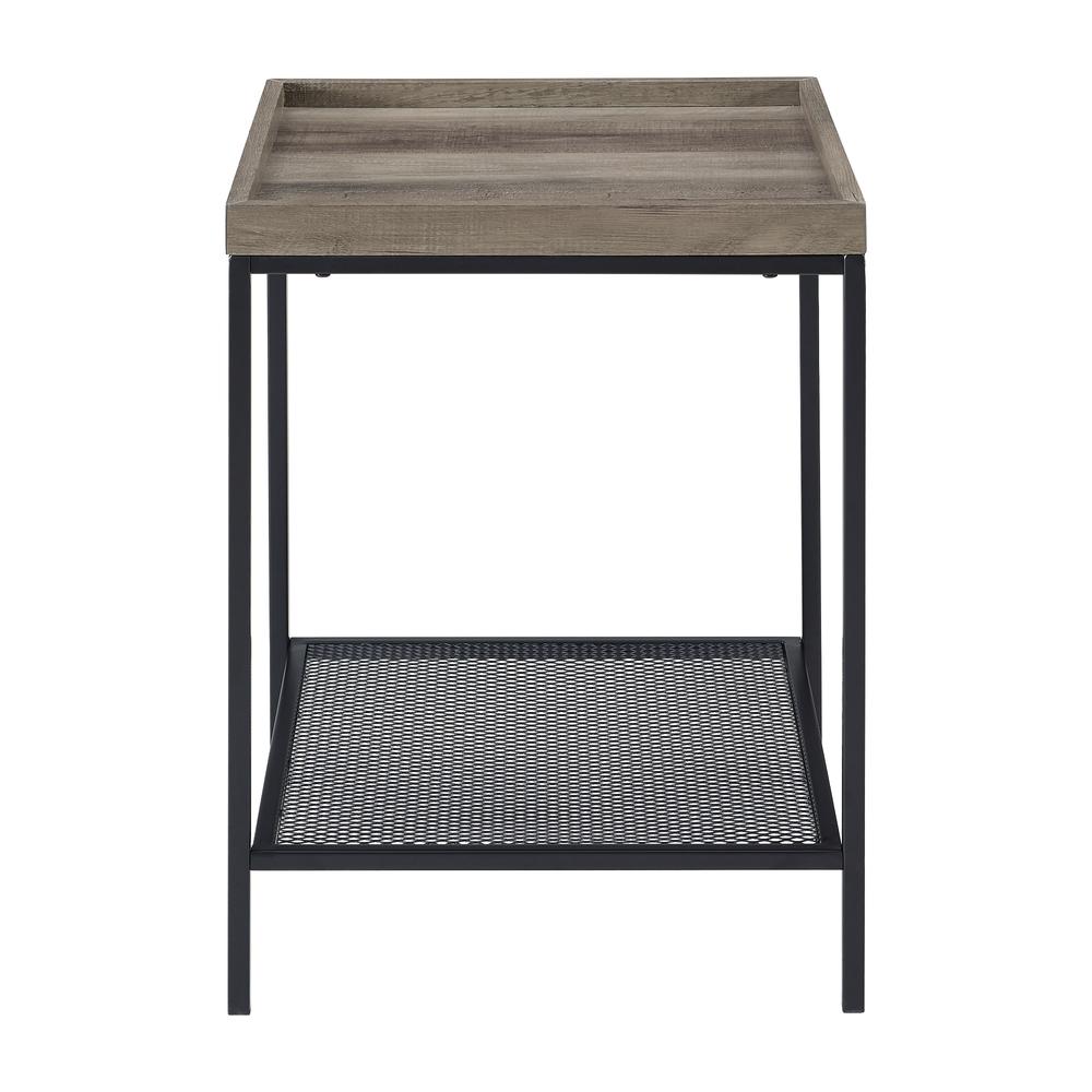 18” Square Tray Side Table with Mesh Metal Shelf - Grey Wash. Picture 5