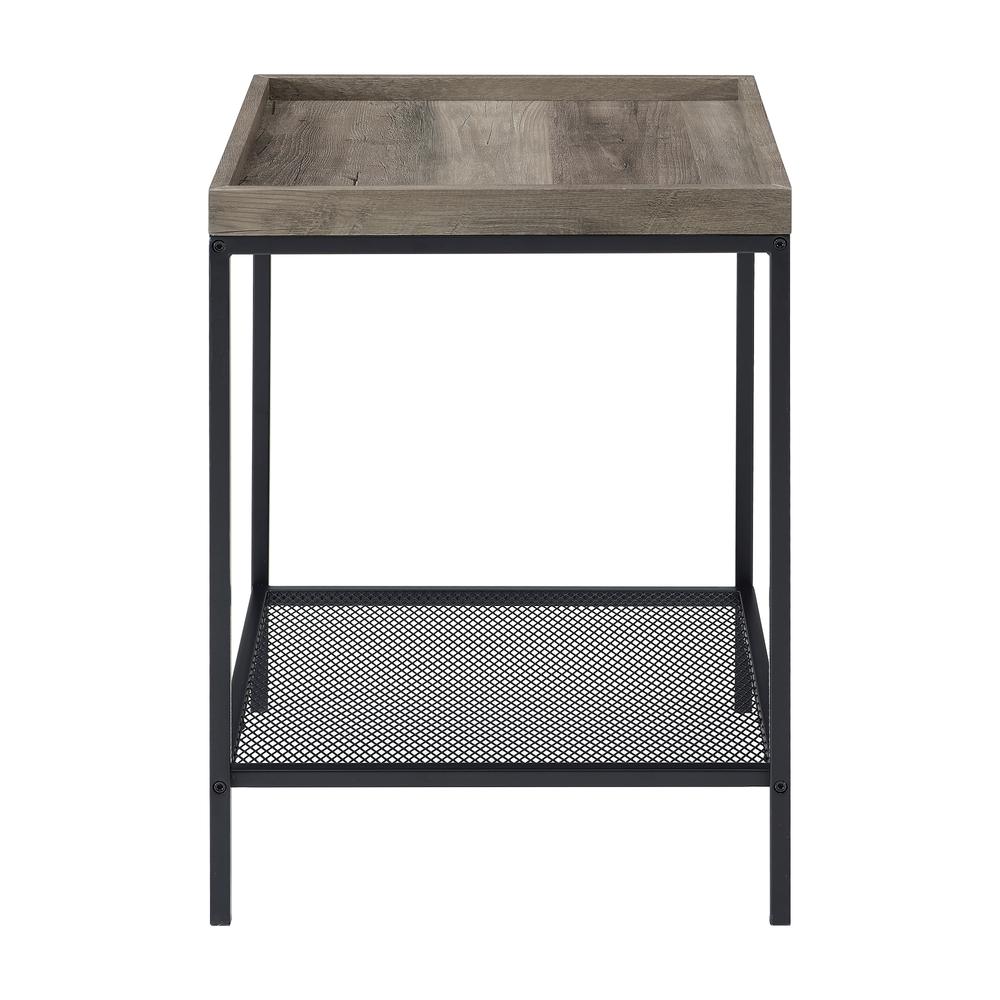 18” Square Tray Side Table with Mesh Metal Shelf - Grey Wash. Picture 8