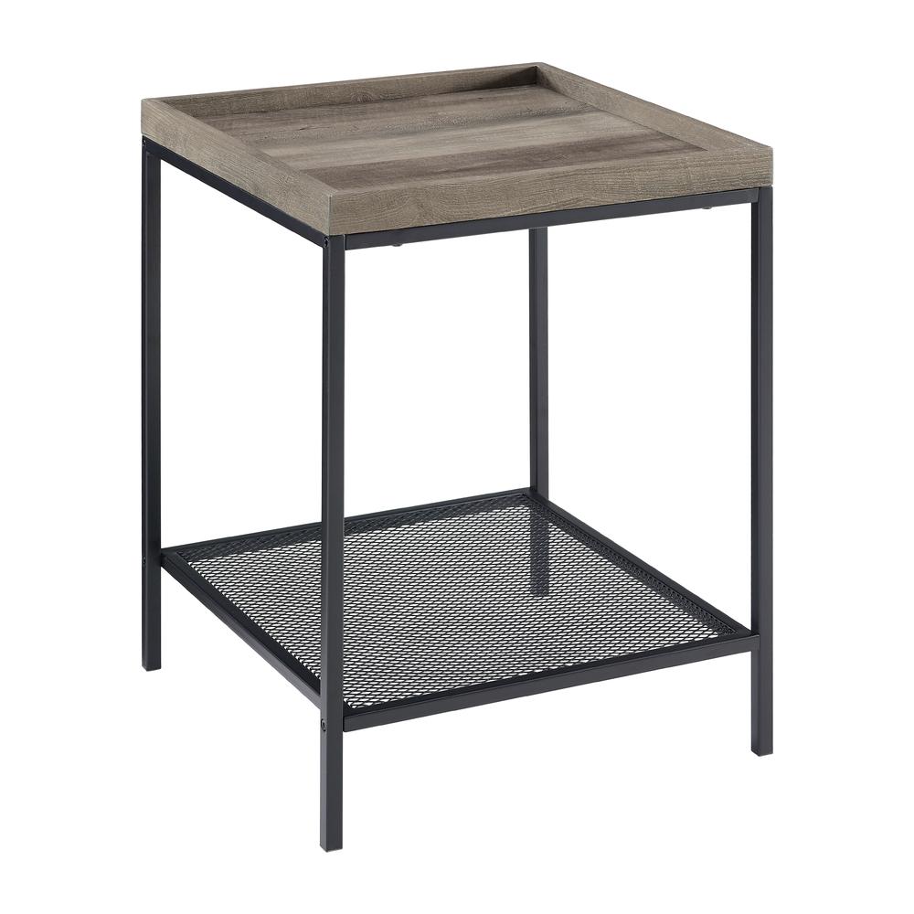 18” Square Tray Side Table with Mesh Metal Shelf - Grey Wash. Picture 9