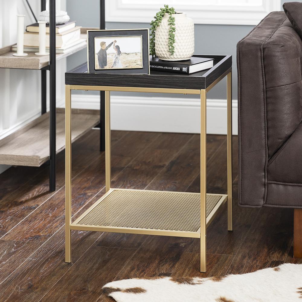 18” Square Tray Side Table with Mesh Metal Shelf - Graphite/Gold. Picture 2
