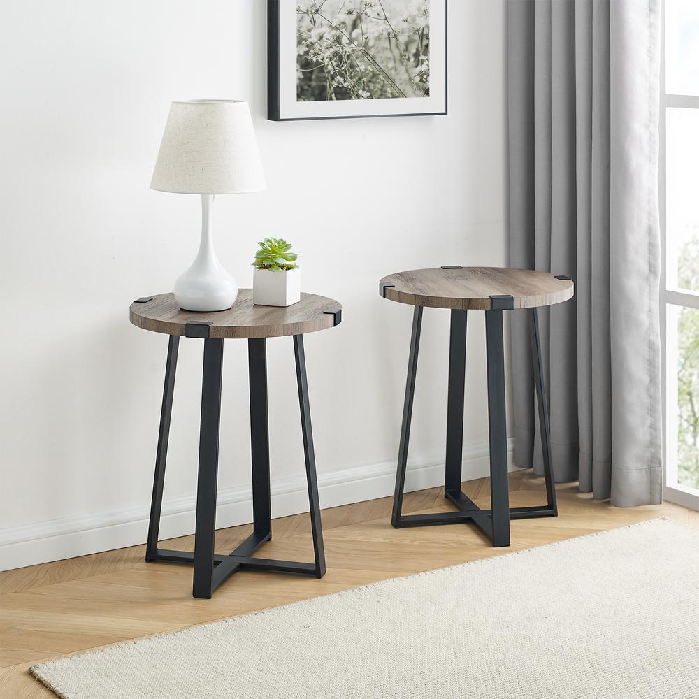 Modern Industrial 2-Piece Metal Wrap Side Table Set – Grey Wash. Picture 1