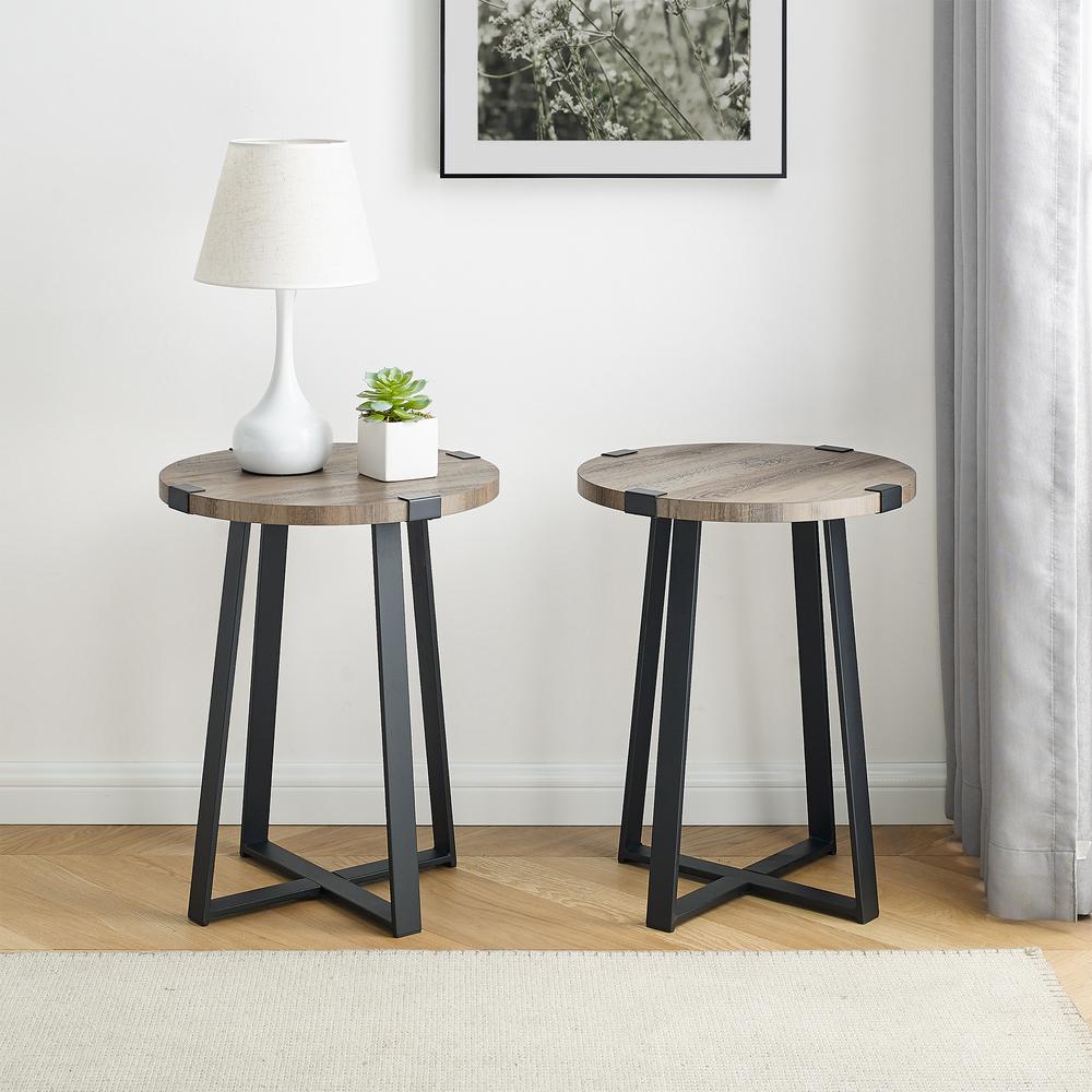 Modern Industrial 2-Piece Metal Wrap Side Table Set – Grey Wash. Picture 2