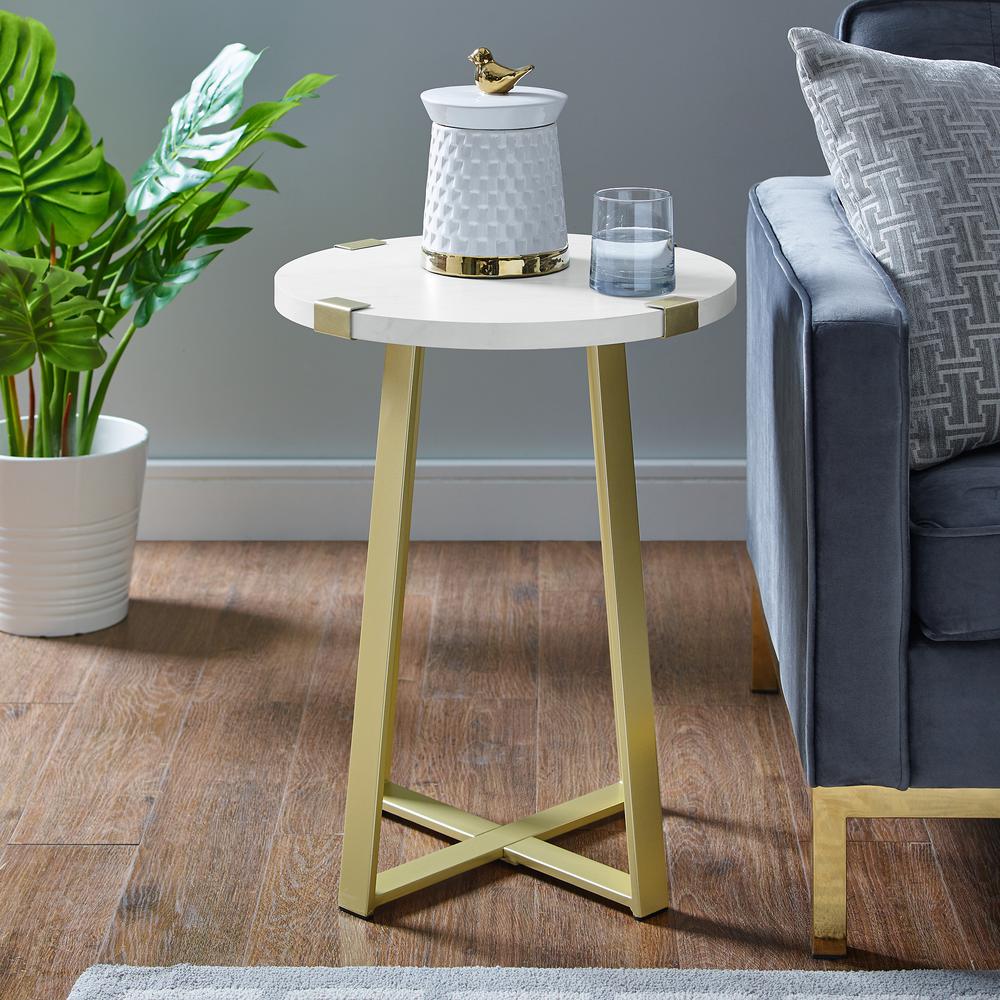 18" Metal Wrap Side Table - White Faux Marble / Gold. Picture 2