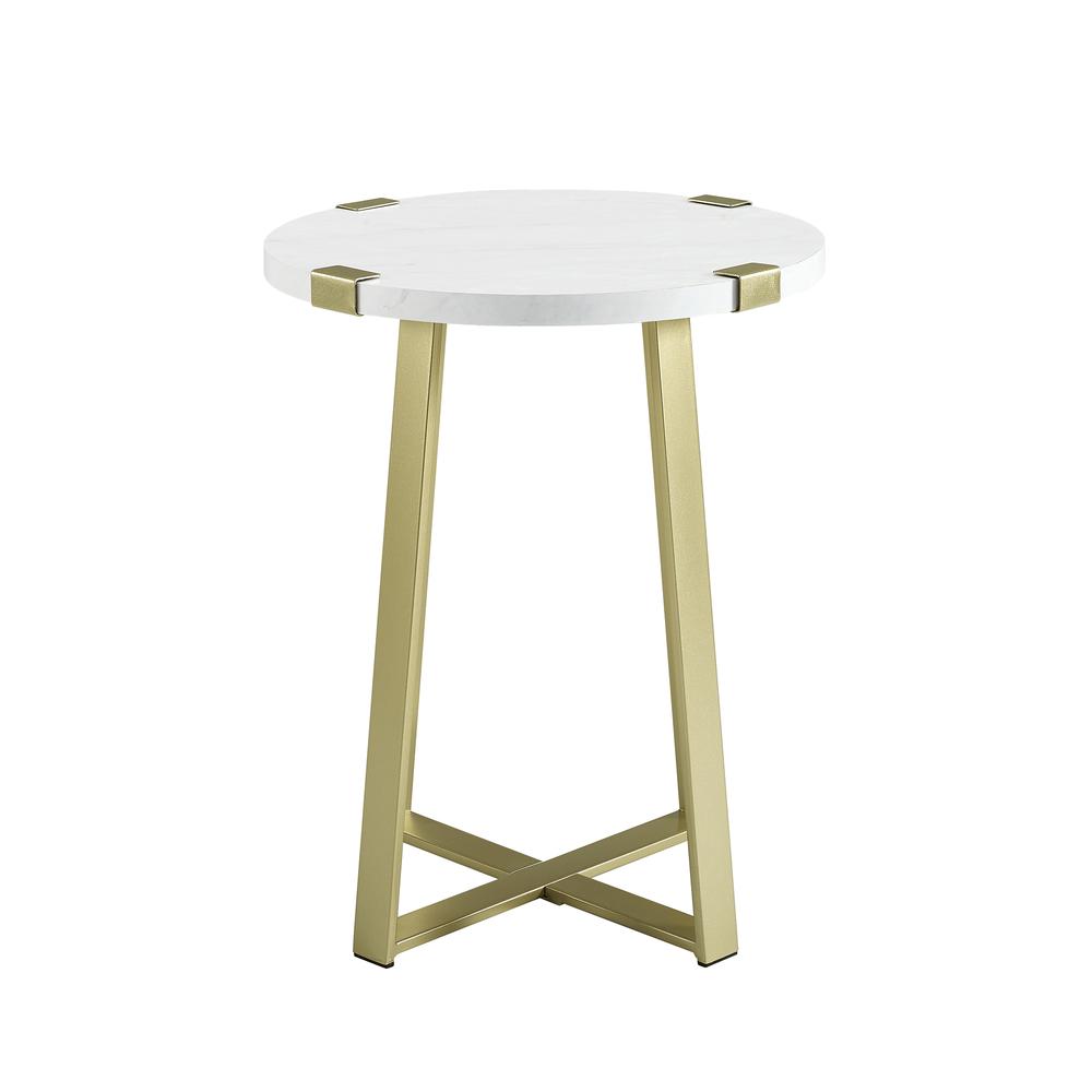 18" Metal Wrap Side Table - White Faux Marble / Gold. Picture 3