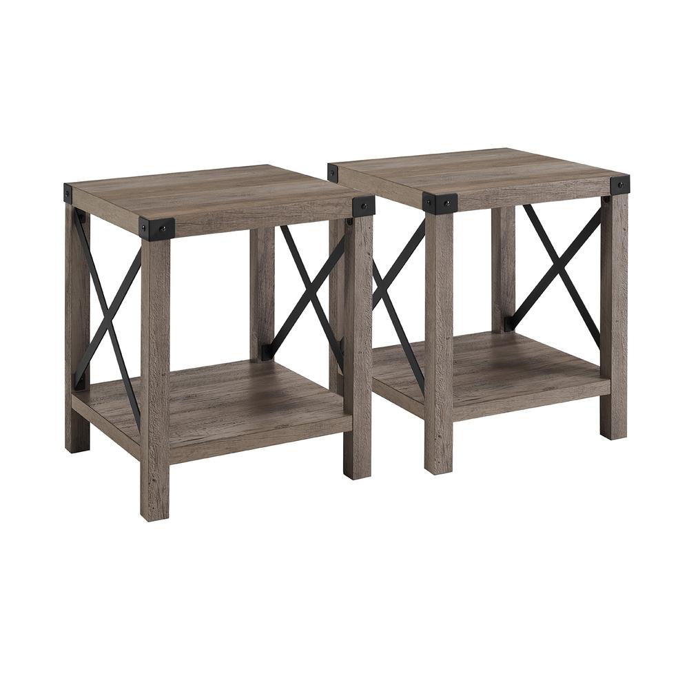 Farmhouse 2-Piece Metal-X Side Tables with Lower Shelf – Grey Wash. Picture 1