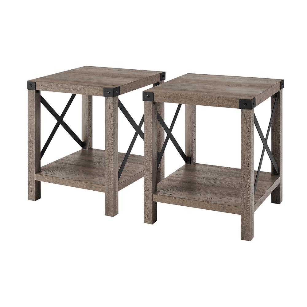 Farmhouse 2-Piece Metal-X Side Tables with Lower Shelf – Grey Wash. Picture 4