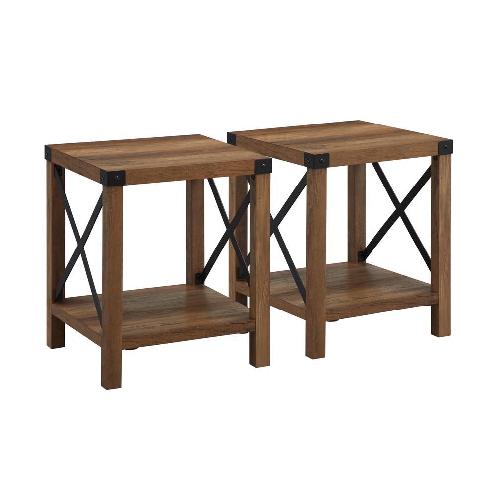 Farmhouse 2-Piece Metal-X Side Tables with Lower Shelf – Rustic Oak. Picture 1