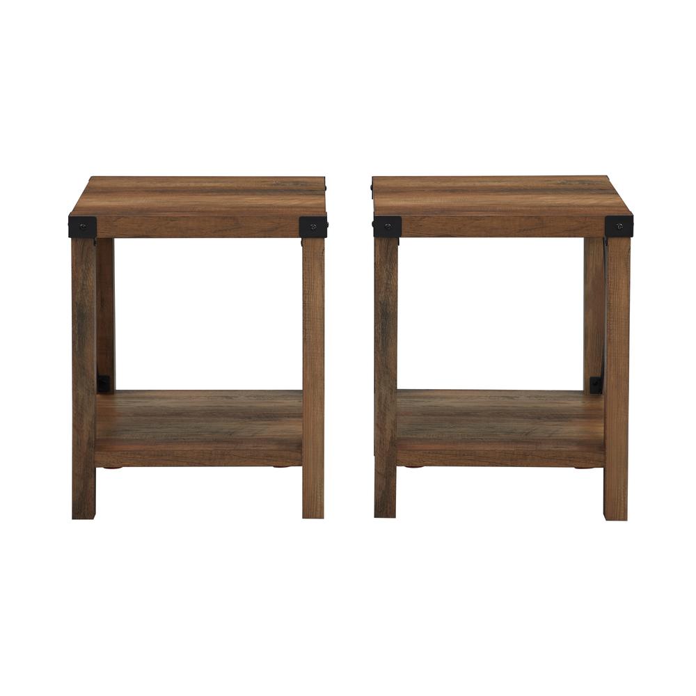 Farmhouse 2-Piece Metal-X Side Tables with Lower Shelf – Rustic Oak. Picture 2