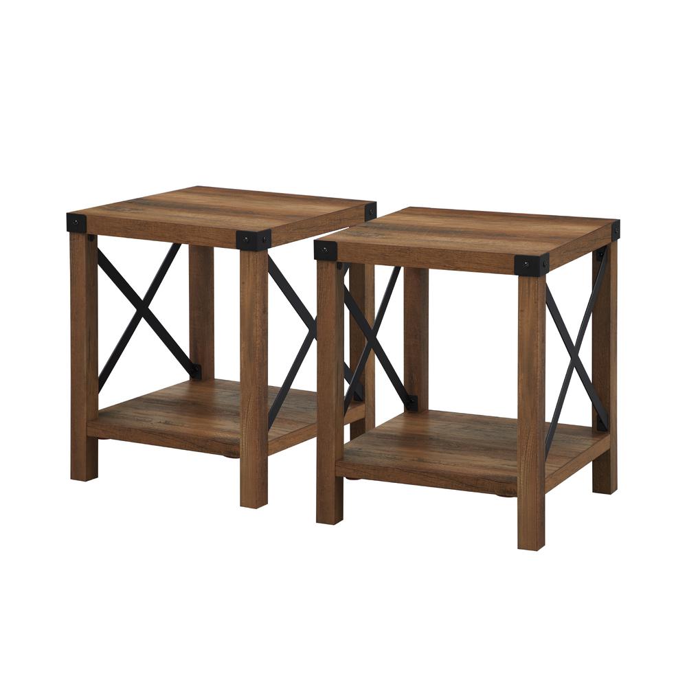 Farmhouse 2-Piece Metal-X Side Tables with Lower Shelf – Rustic Oak. Picture 3