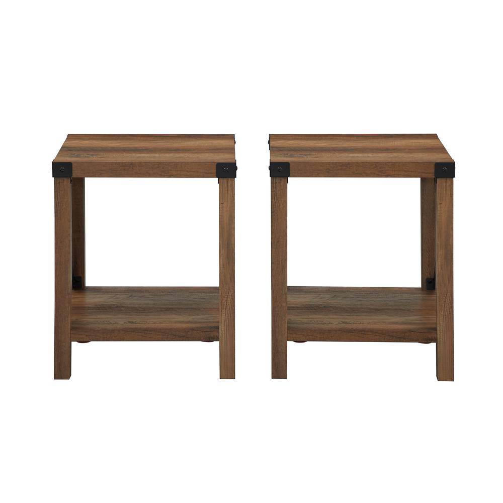 Farmhouse 2-Piece Metal-X Side Tables with Lower Shelf – Rustic Oak. Picture 4