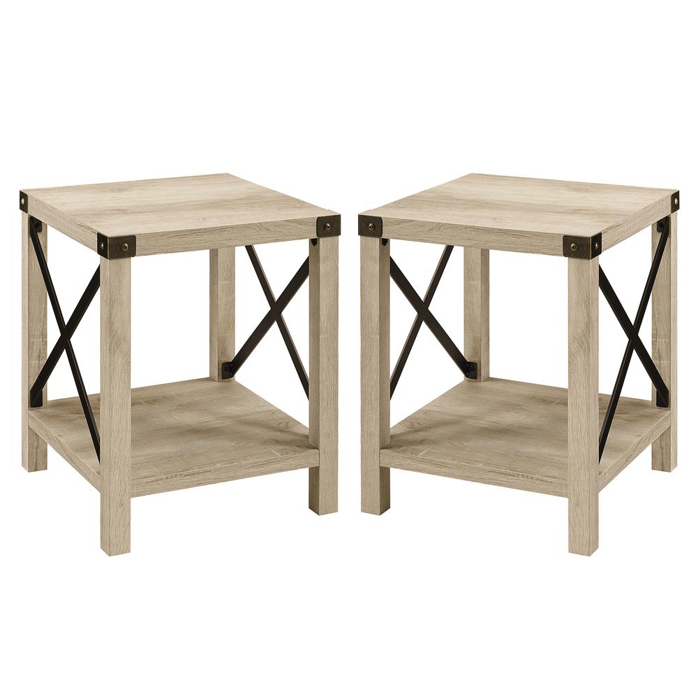 Farmhouse 2-Piece Metal-X Side Tables with Lower Shelf – White Oak. Picture 1
