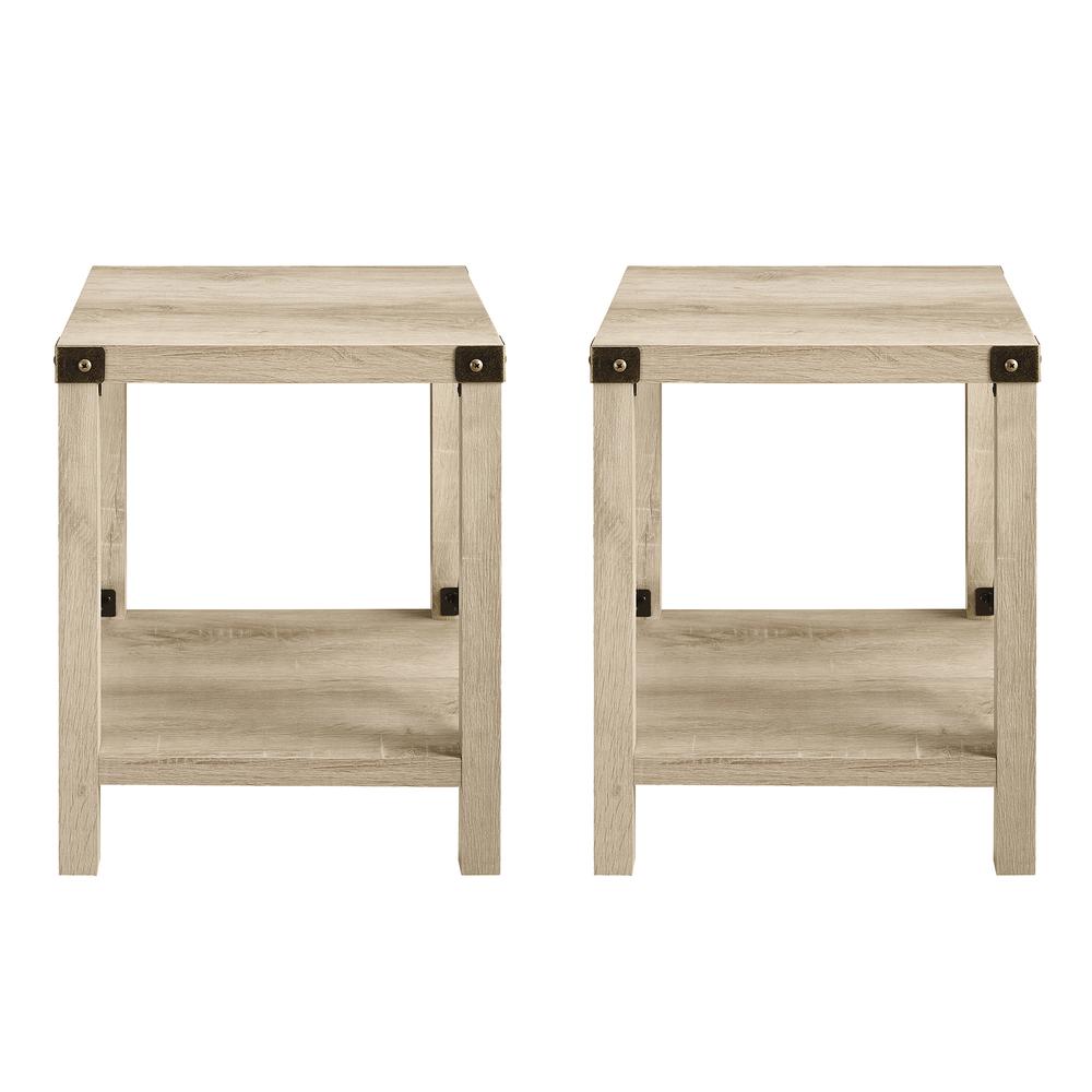 Farmhouse 2-Piece Metal-X Side Tables with Lower Shelf – White Oak. Picture 4