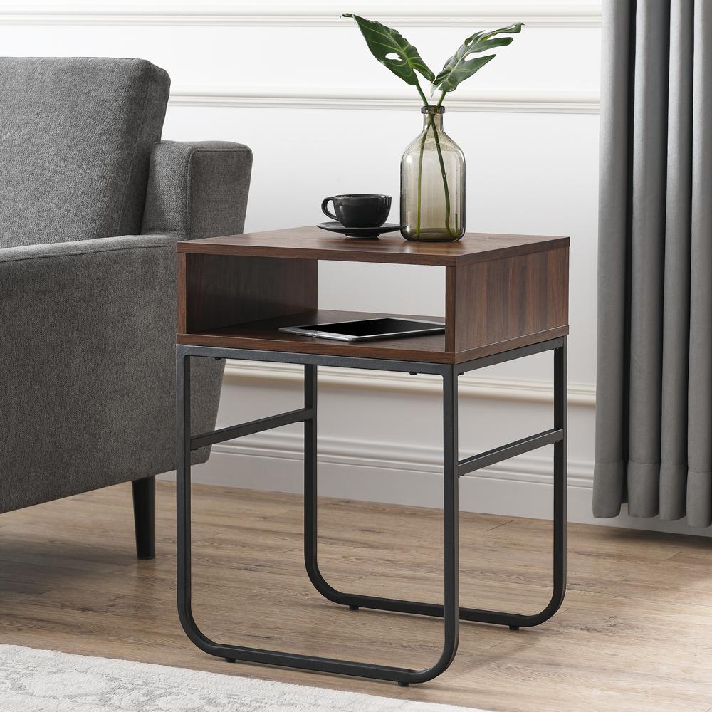 18" Curved Metal Leg Side Table - Dark Walnut. Picture 1