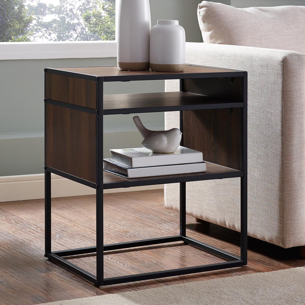 20" Metal and Wood Side Table with Open Shelf - Dark Walnut. Picture 2