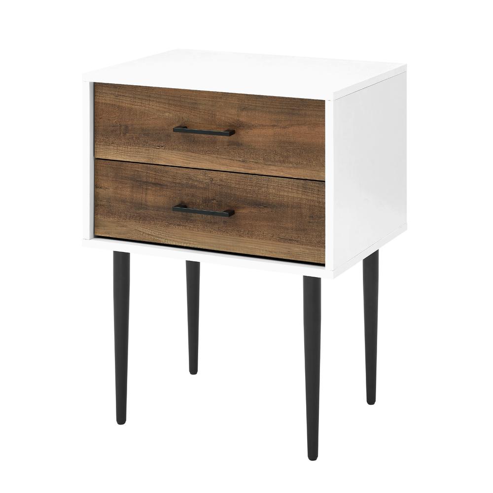 Mid-Century Modern 2-Drawer Tapered-Leg Nightstand – White/Rustic Oak. Picture 15