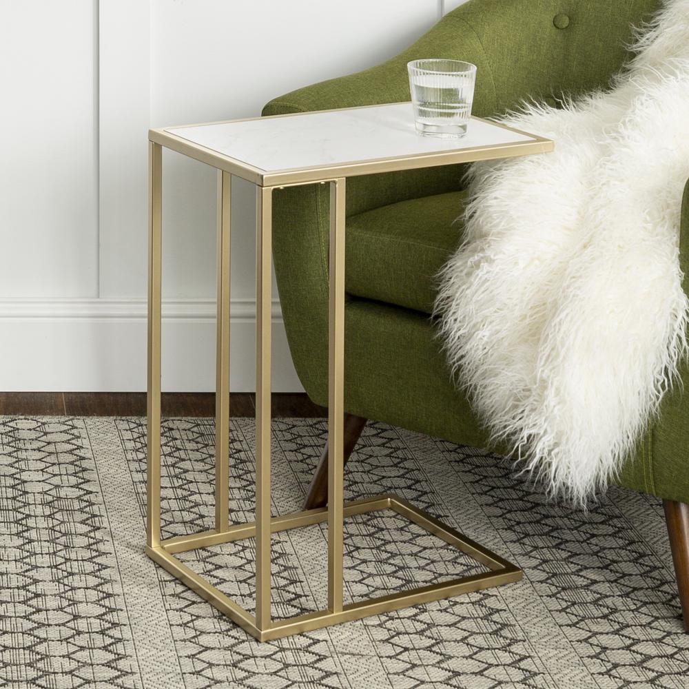Modern Glam 2-Piece C-Table with Metal Base – Faux White Marble and Gold. Picture 3