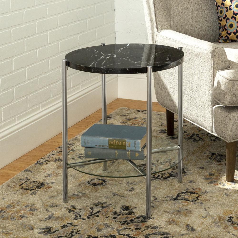 20" Black Faux Marble Round Side Table with Glass Shelf- Chrome. Picture 5