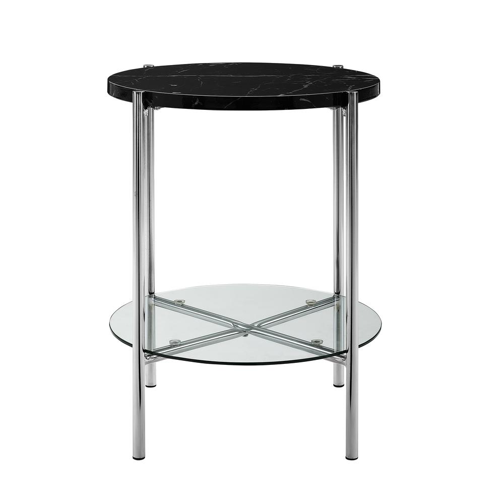 20" Black Faux Marble Round Side Table with Glass Shelf- Chrome. Picture 1