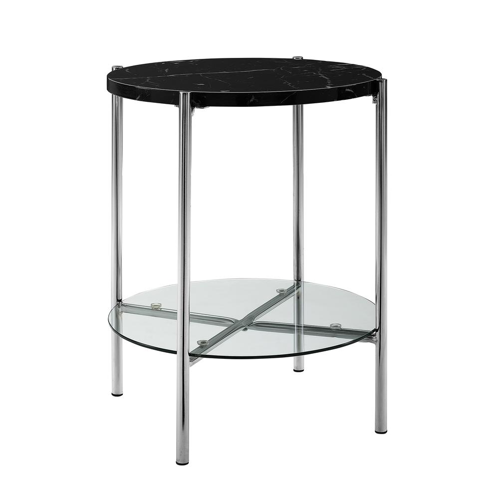 20" Black Faux Marble Round Side Table with Glass Shelf- Chrome. Picture 2