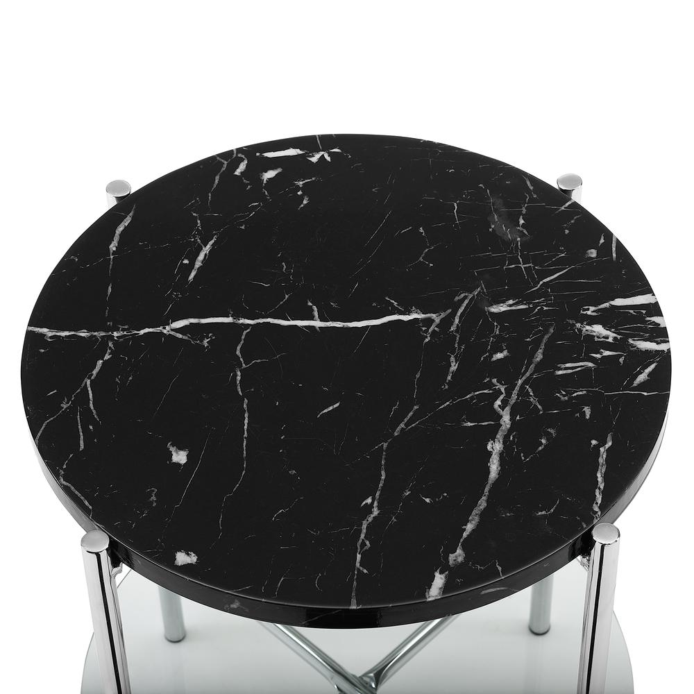 20" Black Faux Marble Round Side Table with Glass Shelf- Chrome. Picture 3