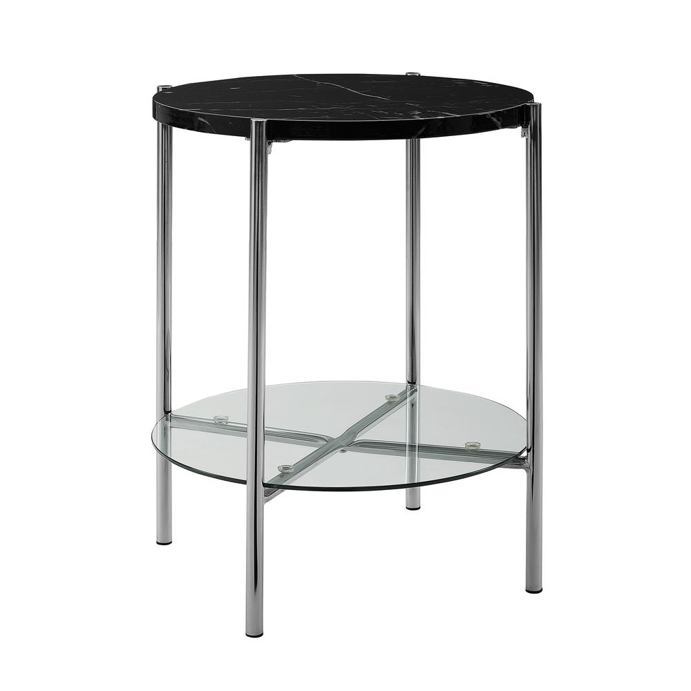 20" Black Faux Marble Round Side Table with Glass Shelf- Chrome. Picture 4