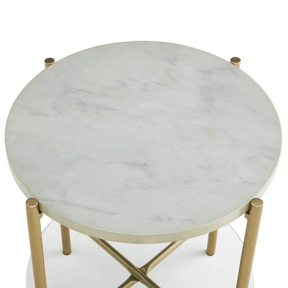 20" White Faux Marble Round Side Table with Glass Shelf- Gold. Picture 2