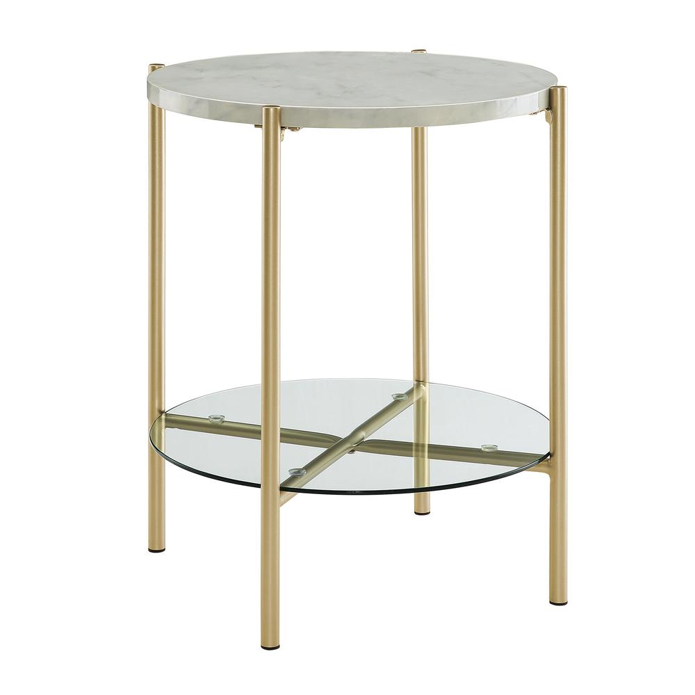 20" White Faux Marble Round Side Table with Glass Shelf- Gold. Picture 1