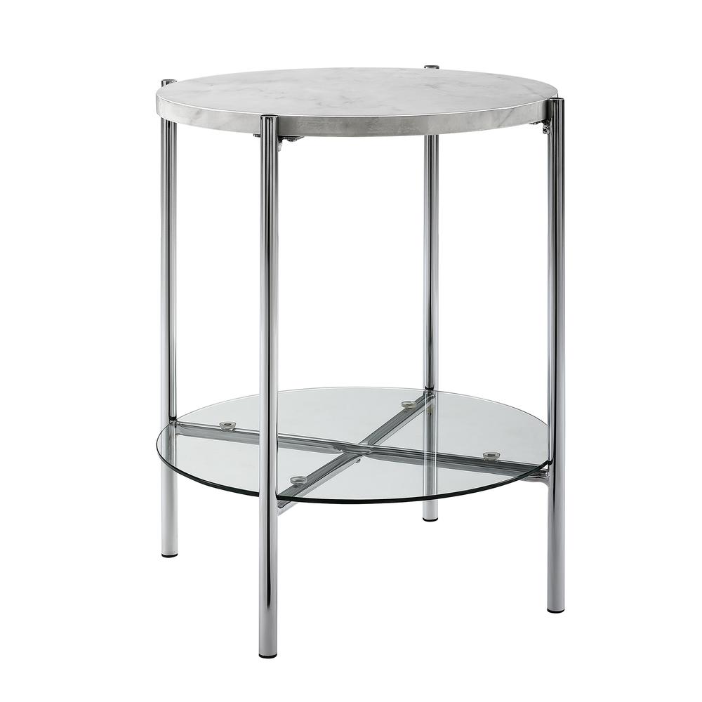 20" White Faux Marble Round Side Table with Glass Shelf- Chrome. Picture 1