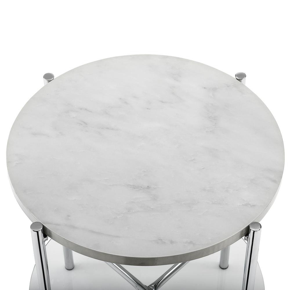 20" White Faux Marble Round Side Table with Glass Shelf- Chrome. Picture 3