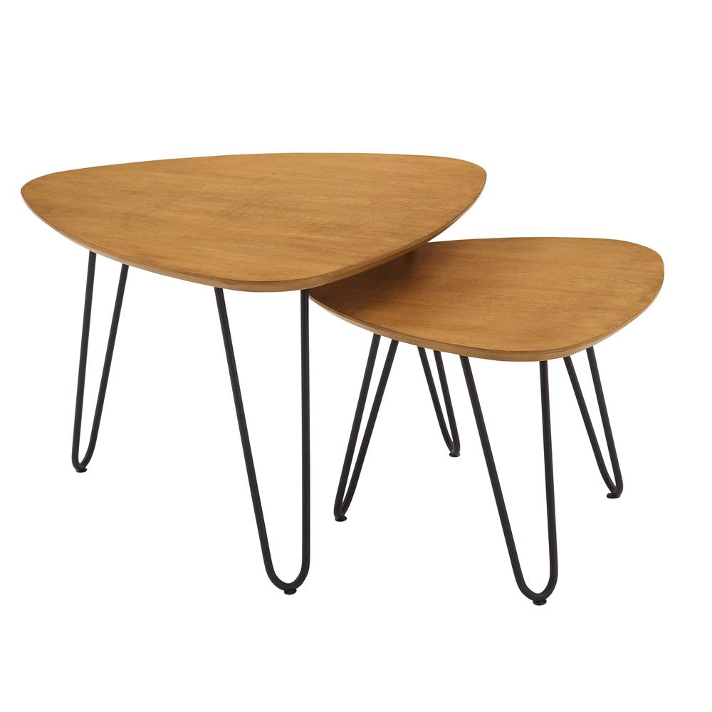 Hairpin Leg Wood Nesting Coffee Table Set - English Oak. Picture 1
