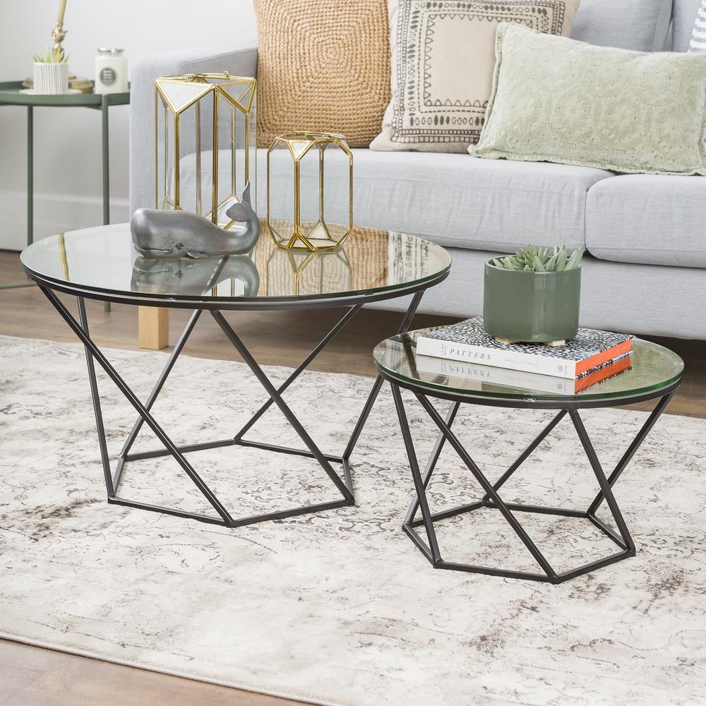 Geometric Glass Nesting Coffee Tables - Black. Picture 2