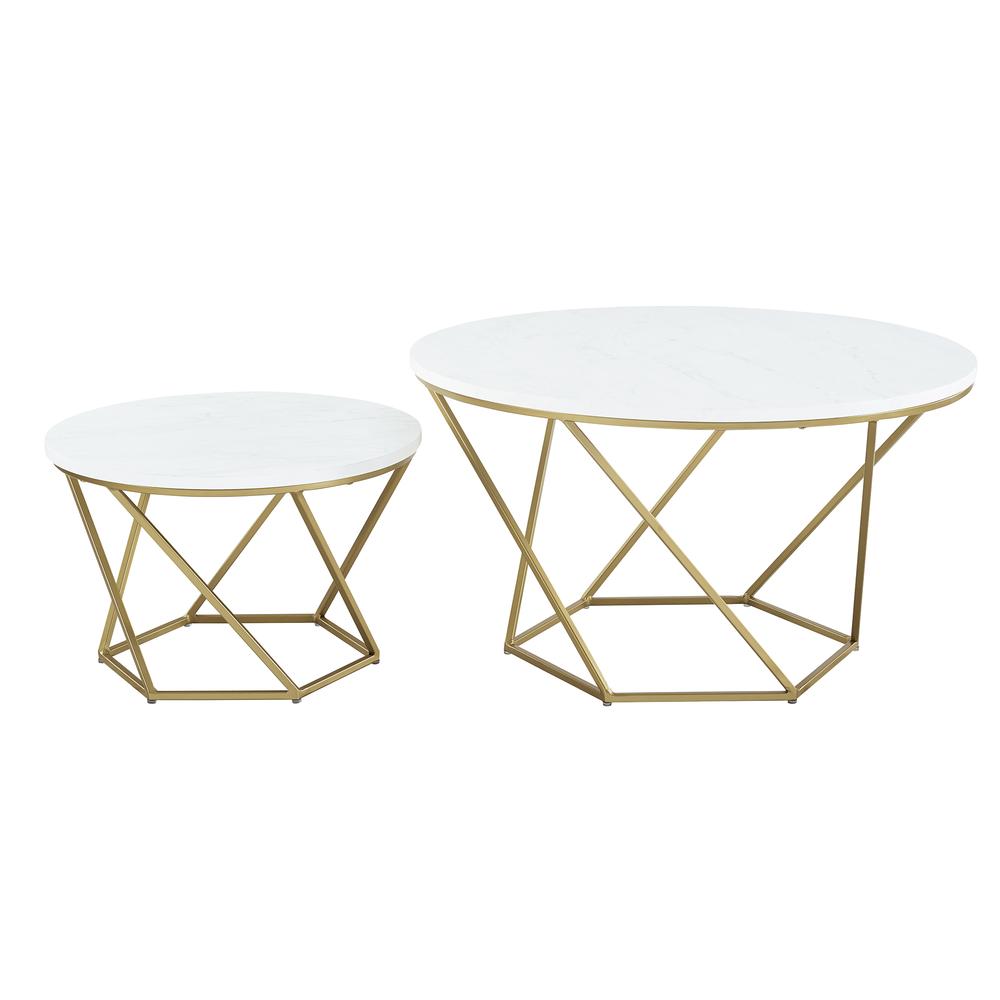 Geometric Glass Nesting Coffee Table Set - White Faux Marble/Gold. Picture 1