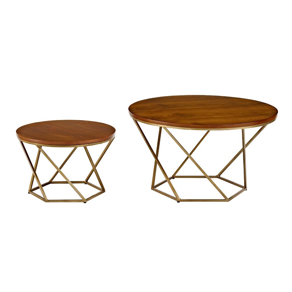 Geometric Wood Nesting Coffee Tables - Walnut/Gold. Picture 1