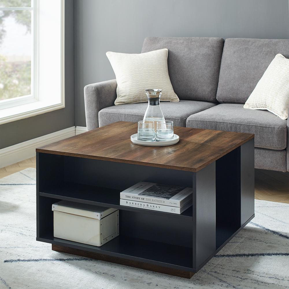 Delphyne 30" Square Storage Coffee Table - Solid Black/Reclaimed Barnwood. Picture 1