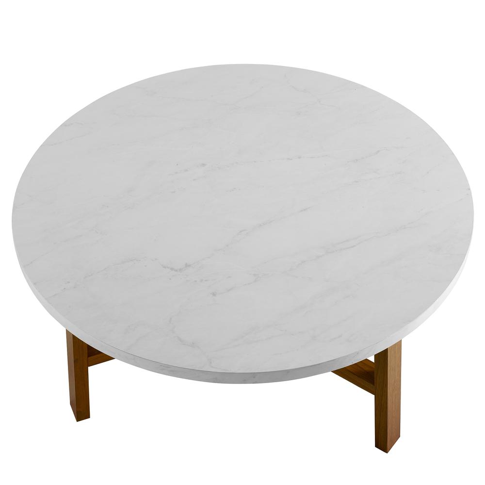 30" Mid Century Modern Round Coffee Table - White Marble and Acorn. Picture 4