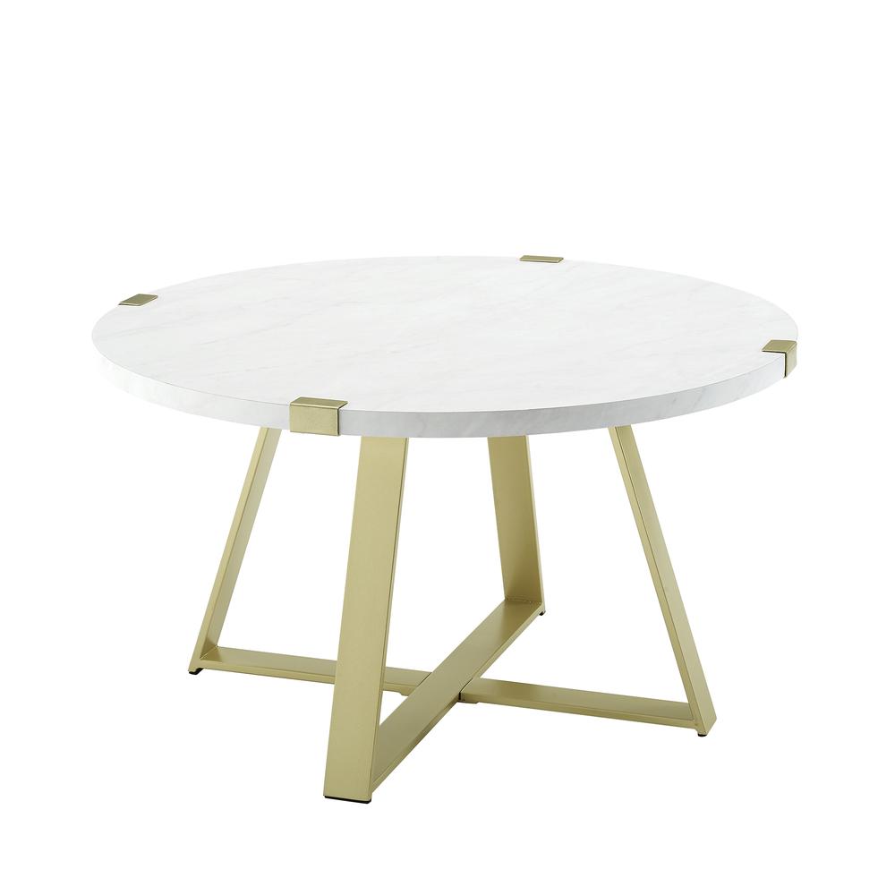 30" Metal Wrap Coffee Table - White Faux Marble / Gold. Picture 1