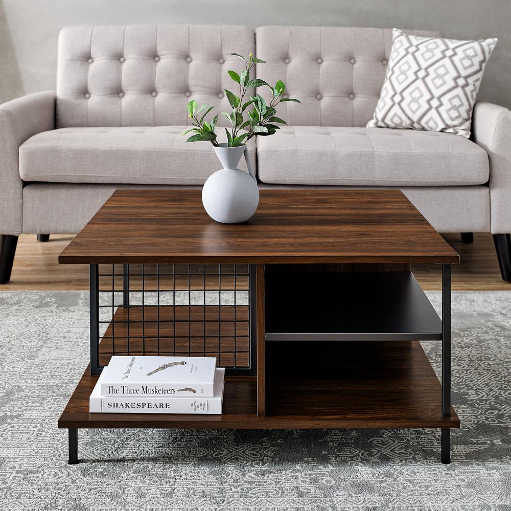30" Metal and Wood Square Coffee Table -Dark Walnut. Picture 2