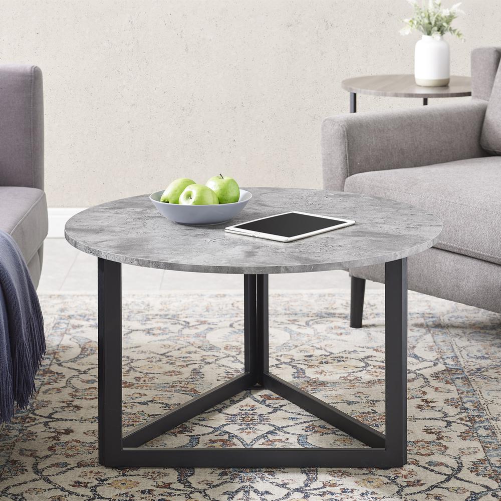 32" Modern Metal Base Round Coffee Table - Dark Concrete. Picture 2