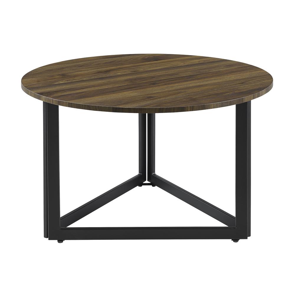32" Modern Metal Base Round Coffee Table - Dark Walnut. Picture 3