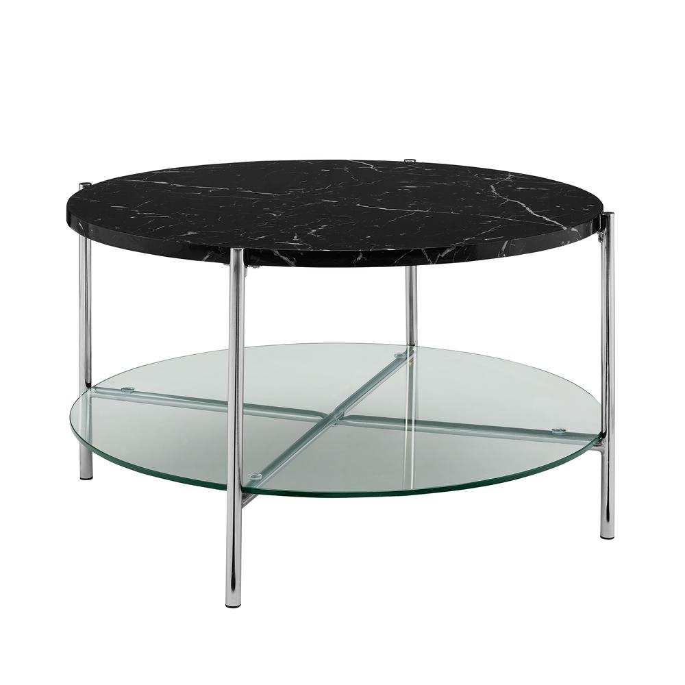 32" Black Faux Marble Round Coffee Table with Glass Shelf- Chrome. Picture 3