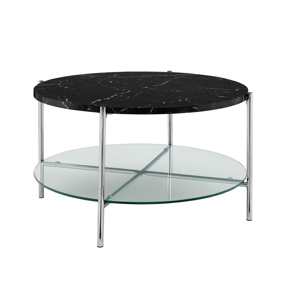 32" Black Faux Marble Round Coffee Table with Glass Shelf- Chrome. Picture 4