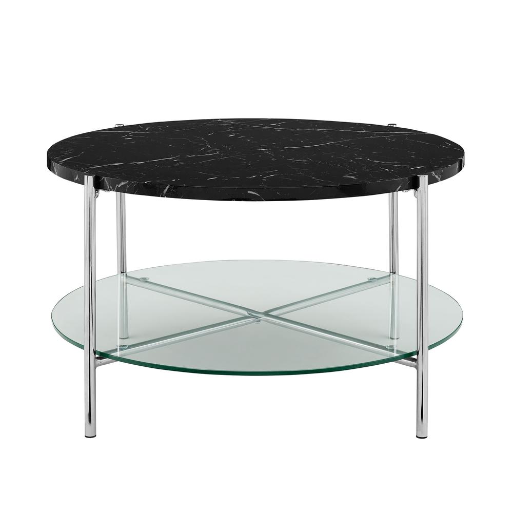 32" Black Faux Marble Round Coffee Table with Glass Shelf- Chrome. Picture 5